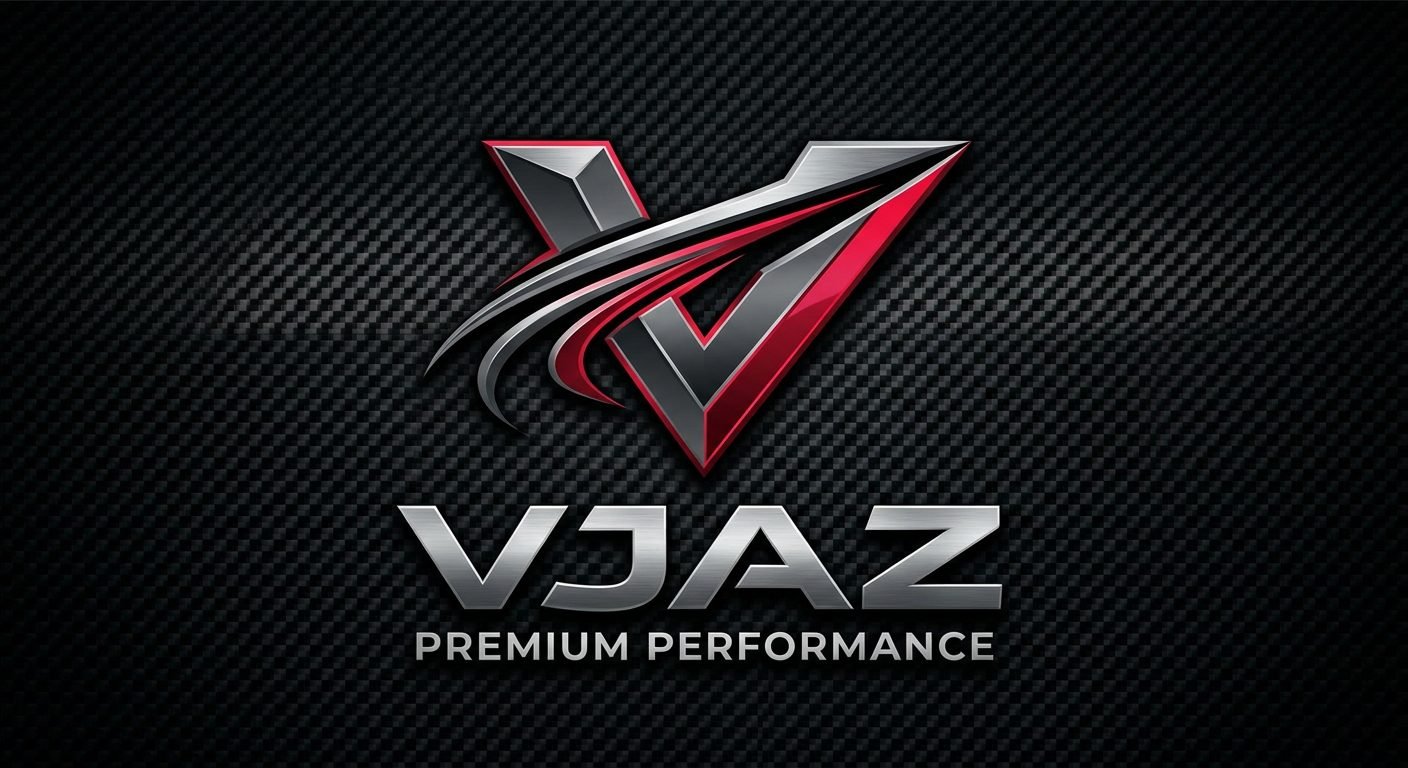 VJAZ emblem — chrome and crimson V-blade on carbon fiber
